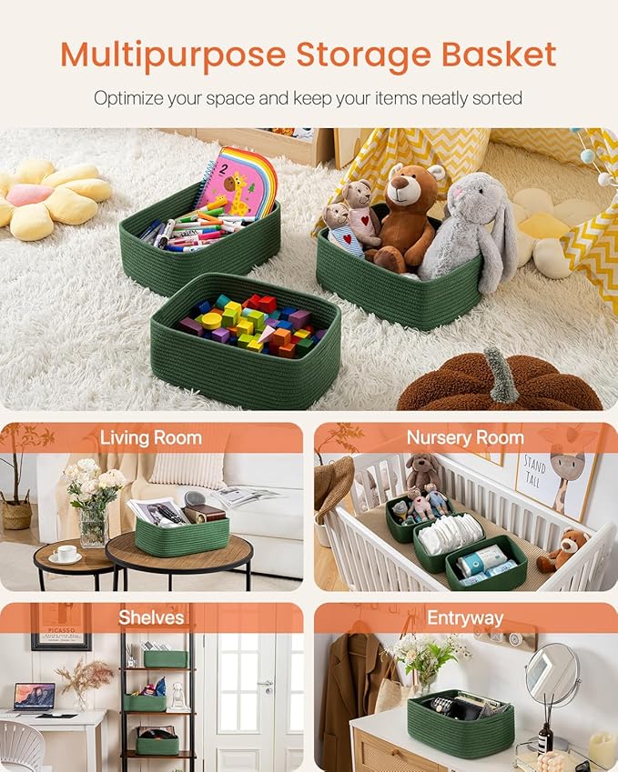 Small Woven Basket, 13.5 x 9.5 x 5 Inches, Storage Basket for Organizing, Cute Small Rope Shelf Closet Cube Storage Bins Baskets for Shelves, Dog Toy Gift Baskets Empty, 3 Pack, Green-Ruum Studio Home