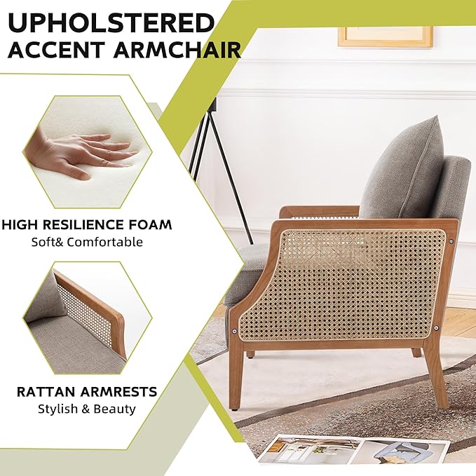 HAOBO Home Mid Century Modern Accent Chair Upholstered Living Room Chairs Armchair with Rattan Armrest Comfy Reading Chair with Wood Frame Lounge Side Chair with Waist Cushion Set of 2-Ruum Studio Home