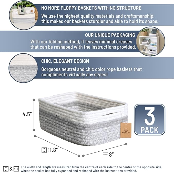 NaturalCozy 11.8"x8"x4.5” Storage Baskets for Shelves 3 Pack | Cotton Rope Woven Small Baskets for Organizing | Small Storage Bins for Nursery, Bathroom, Closet, Cube Shelf, Decorative, Gift Basket-Ruum Studio Home