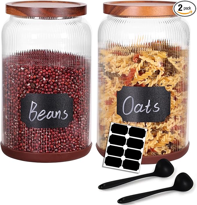 SAIOOL 2-Pack Striped Borosilicate Glass Airtight Canisters - Big mouth Large Capacity, Acacia Wood Lid, Food Storage Jars for Flour, Pasta, Pantry Organization (1 Gallon （2 Striped pack）)-Ruum Studio Home