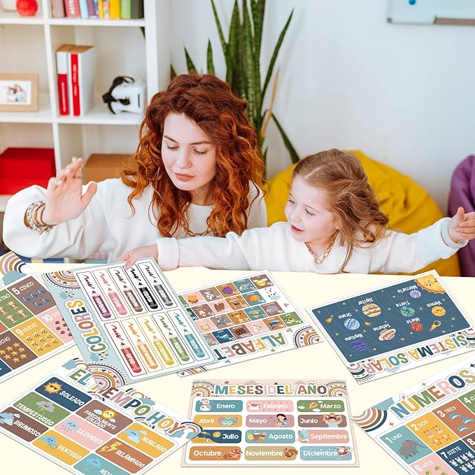 Spanish Educational Preschool Placemats Set of 6 Boho Plastic Table Mats Toddler Children Montessori Place Mats for Kids Washable Vinyl Holiday Table Decoration for Indoor Outdoor Party Kitchen Dining-Ruum Studio Home