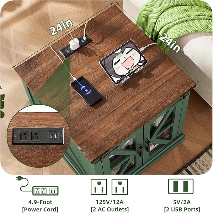 24" End Table with Charging Station, Farmhouse Night Stand with Glass Barn Door, Green Nightstands with Adjustable Storage Shelf, Large Wood Square Bed Side Table for Living Room, Bedroom-Ruum Studio Home