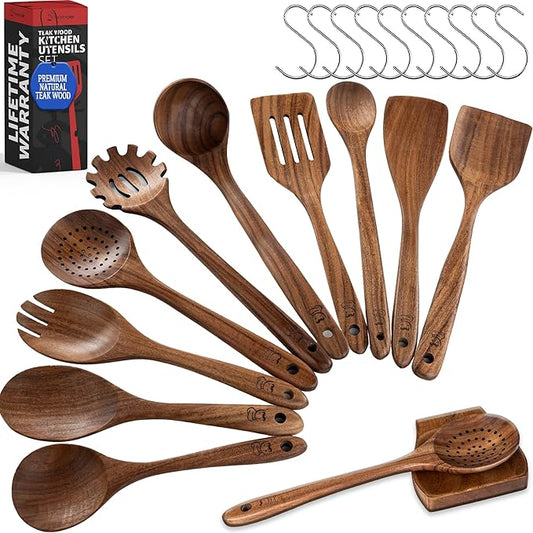 PriorityChef Premium Wooden Spoons for Cooking - 10pc with Spoon Rest and Hanging Hooks, Smooth Finish Teak Wooden Utensil Set, Heat-Resistant & Nonstick Safe, Ideal for Gifting-Ruum Studio Home