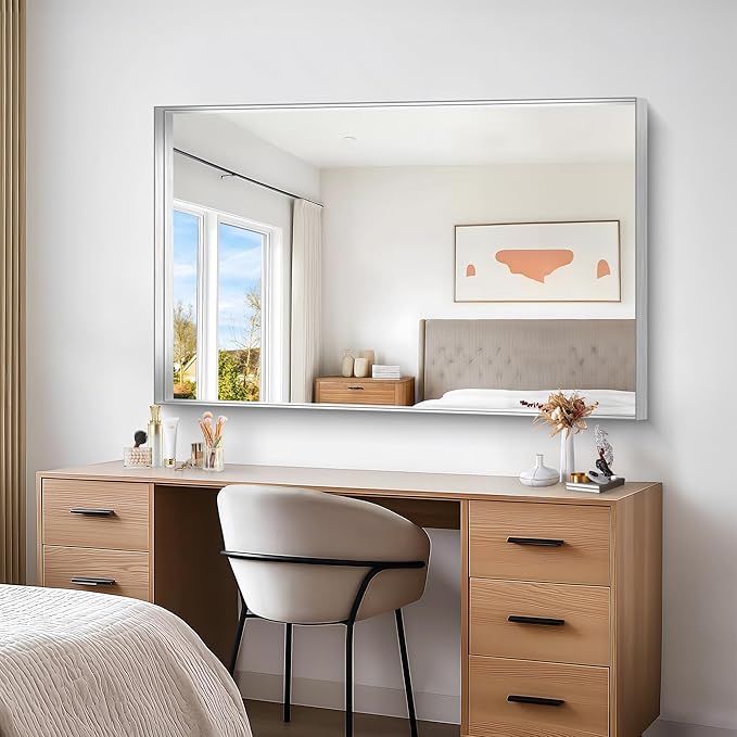 Silver Bathroom Mirror, 36x55 Inch Rectangular Deep Frame Mirror, Large Wall Mounted Bathroom Vanity Mirror Over Sink for Bedroom,Restroom, Living Room, Hangs Vertically or Horizontally-Ruum Studio Home