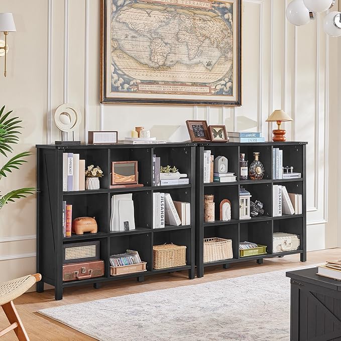 9 Cube Bookcase, Farmhouse 47 Inch Wide Black Bookshelf, Wooden 3 Tier Display Large Open Book Shelf, Vintage Horizontal Book Case for Home Office, Cubby Storage Cabinet for Living Room-Ruum Studio Home
