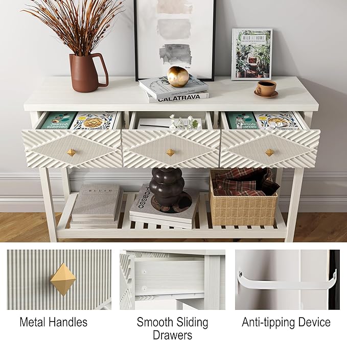 47" Fluted Console Table with 3 Drawers, Narrow Long Entryway Table with Storage Shelf, Sofa Tables for Entryway, Living Room, Behind Couch, Foyer, Hallway, Office (Beige)-Ruum Studio Home