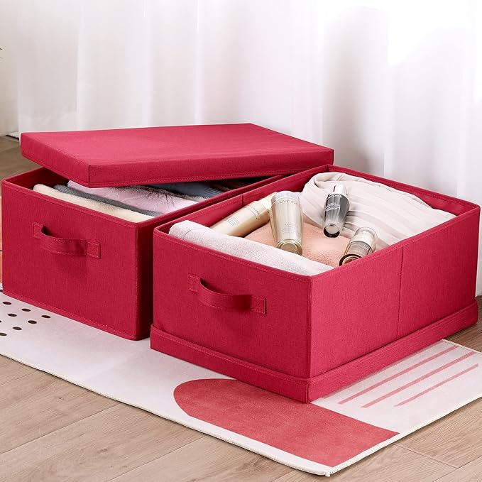 HOONEX Storage Bins with Lids for Organizing, Pack of 2, Storage Boxes with 2 Carrying Handles and Sturdy Heavy Cardboard, 16.5" L x 11.8" W x 7.5" H for Shoes, Books, Clothes, Red-Ruum Studio Home