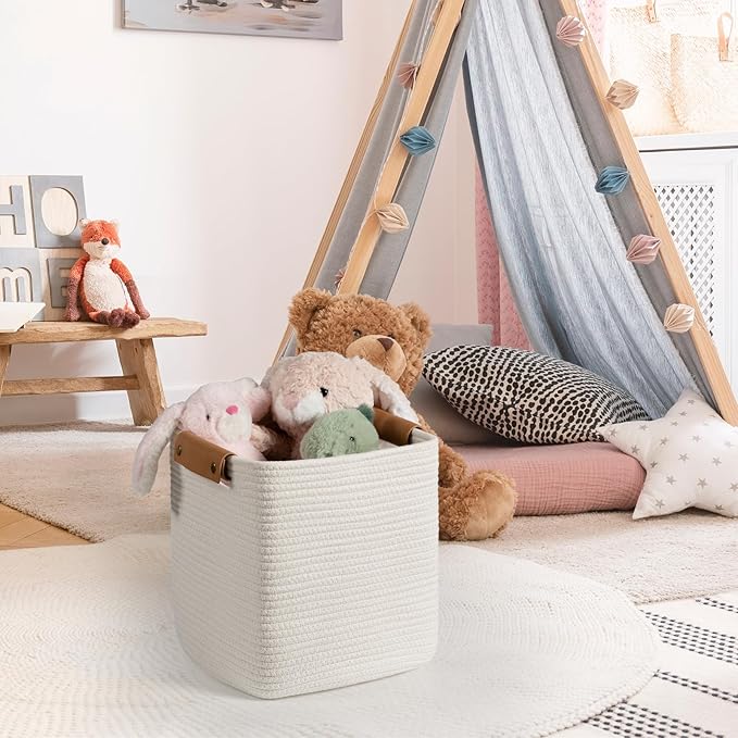 danpinera Set of 3 11 Inch Storage Baskets, Cube Storage Bins, White Woven Baskets with Stable Leather Handles, Square Cotton Rope Bins for any Room, Easy to Recover-Ruum Studio Home