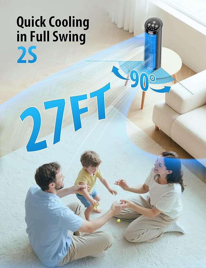 Grelife 13'' Tower Fan for Bedroom, 26dB Quiet Floor Fan with Remote, 3 Mode, 1-8H Timer, 90° Oscillating Fans for Indoors with 27ft/s Velocity, Portable Desk Table Fan for Room, Home, Office,Black-Ruum Studio Home