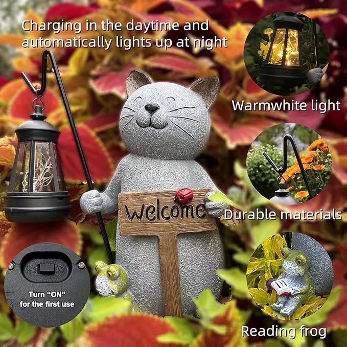 Cat Garden Statue with Solar Lantern: Cat Outdoor Figurine Decorations -Solar Garden Statue Decor for Patio,Balcony,Yard, Lawn - Gift for Mom, Grandma,Women, Housewarming,Birthday-Ruum Studio Home