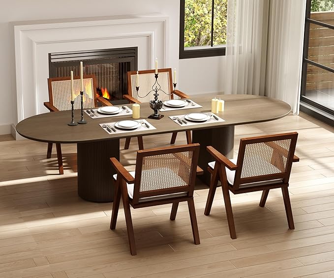 Rattan Dining Chairs Set of 4, Farmhouse Wicker Dining Chairs with Removable Linen Cushion Accent Cane Armchair for Dining Room Kitchen Restaurant, Walnut-Ruum Studio Home