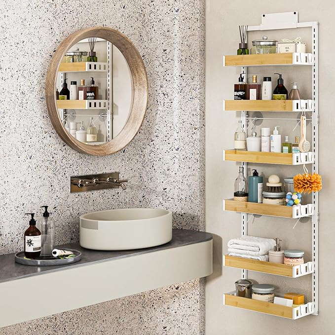 bukfen Over the Door Pantry Organizer 6-Tier Adjustable Basket Kitchen Pantry Door Organization and Storage, 2 in 1 Wall Mount or Hanging Heavy-Duty Metal Hanging Kitchen Spice Rack,White Bamboo Color-Ruum Studio Home