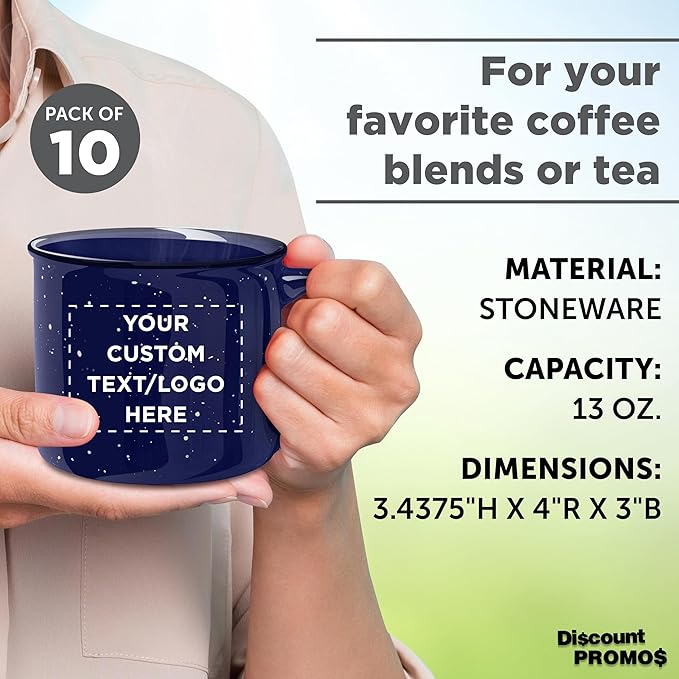 DISCOUNT PROMOS Custom Ceramic Campfire Coffee Mugs 13 oz. Set of 10, Personalized Bulk Pack - Perfect for Tea, Espresso, Cappuccino, Hot Cocoa - Blue-Ruum Studio Home