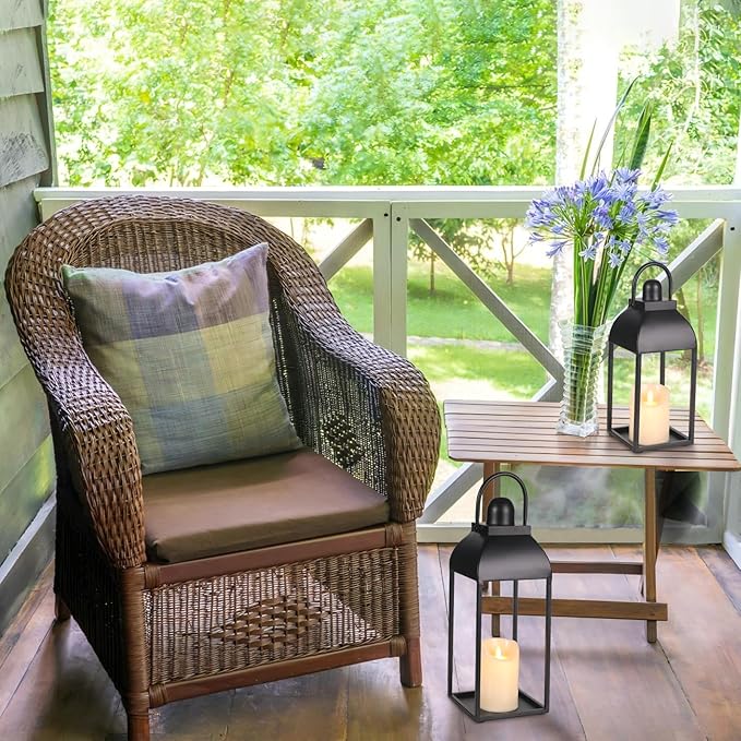 Lanterns Decorative Outdoor Indoor, Black Metal Outdoor Lanterns, 17'' 13'' Set of 2 Modern Farmhouse Candle Lantern Halloween Lanterns Centerpieces for Home, Wedding, Patio, Porch, Mantel-Ruum Studio Home