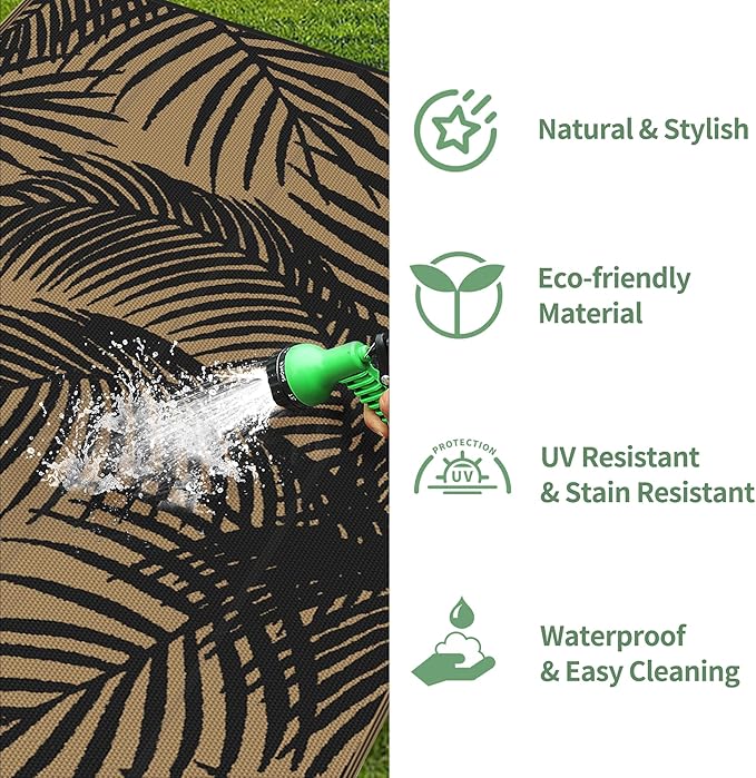 GENIMO Outdoor Rug 5' x 8' Waterproof for Patio Clearance, Reversible Plastic Straw Camping Carpet, Lightweight Mats for Rv, Backyard, Deck, Porch, Picnic, Beach, Balcony, Black & Brown-Ruum Studio Home