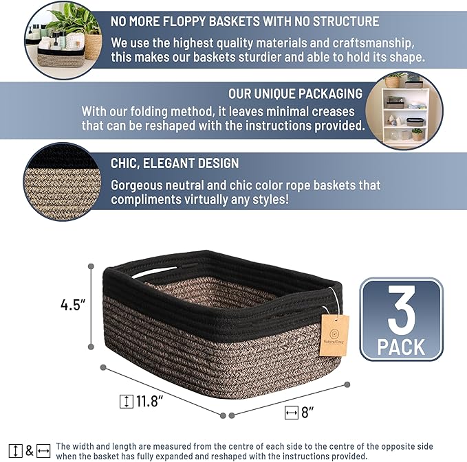 NaturalCozy 11.8"x8"x4.5” Rectangle Storage Baskets for Shelves 3 Pack | Cotton Rope Woven Small Baskets for Organizing | Small Storage Bins for Nursery, Bathroom, Closet, Shelf, Decorative, Gift-Ruum Studio Home