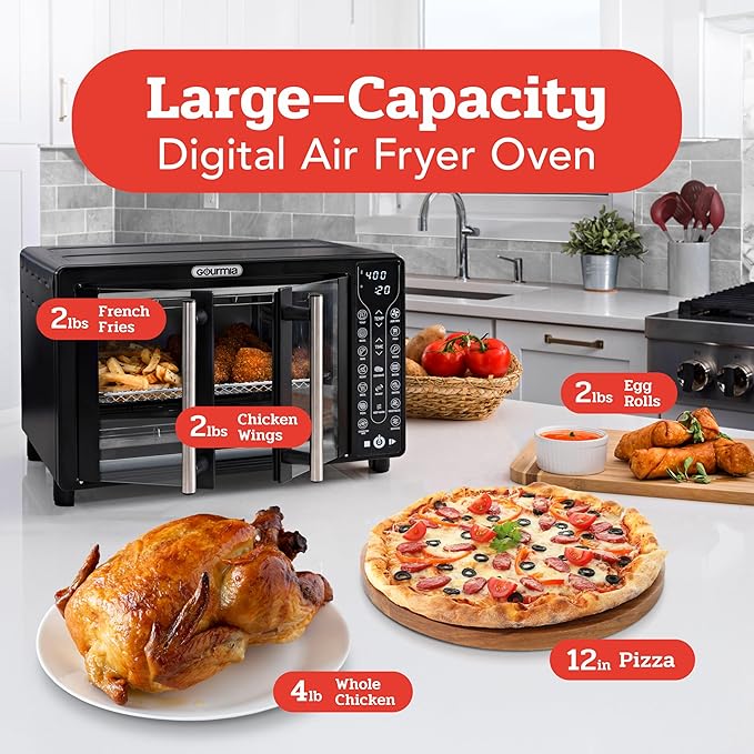 Gourmia Toaster Oven Air Fryer Combo 17 cooking presets 1700W french door digital air fryer oven 24L capacity accessories, convection rack, baking pan tray recipe book GTF7460,Large,Black-Ruum Studio Home