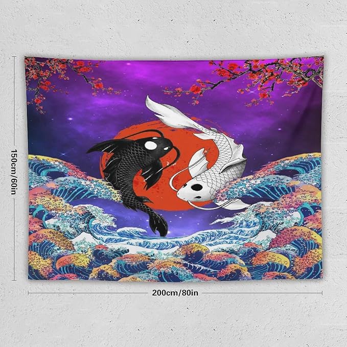 Houselerax Japanese Koi Fish Tapestry, Yin Yang Big Wave Cherry Blossom Tapestries Wall Hanging for Bedroom Living Room Office Decor 80"x60"-Ruum Studio Home