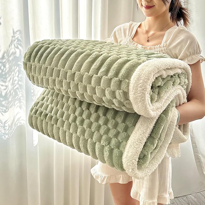 UKELER Sherpa Bed Blanket 80 × 90 inch, Ultra Soft Queen Size Throw Blanket for All Season, 470 GSM Cozy Plush Striped Fleece Blankets for Bedroom Living Room Dorm Hostel Sofa Camping, Green-Ruum Studio Home