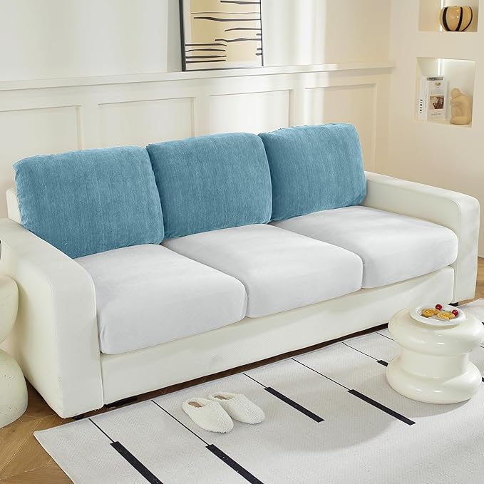 Large Backrest Cushion Covers Super Stretch Backrest Covers for 3 Cushion Couch Sofa, Couch Back Cushion Covers Featuring with Chenille Yarn (Softer Version, 3PC, Blue)-Ruum Studio Home