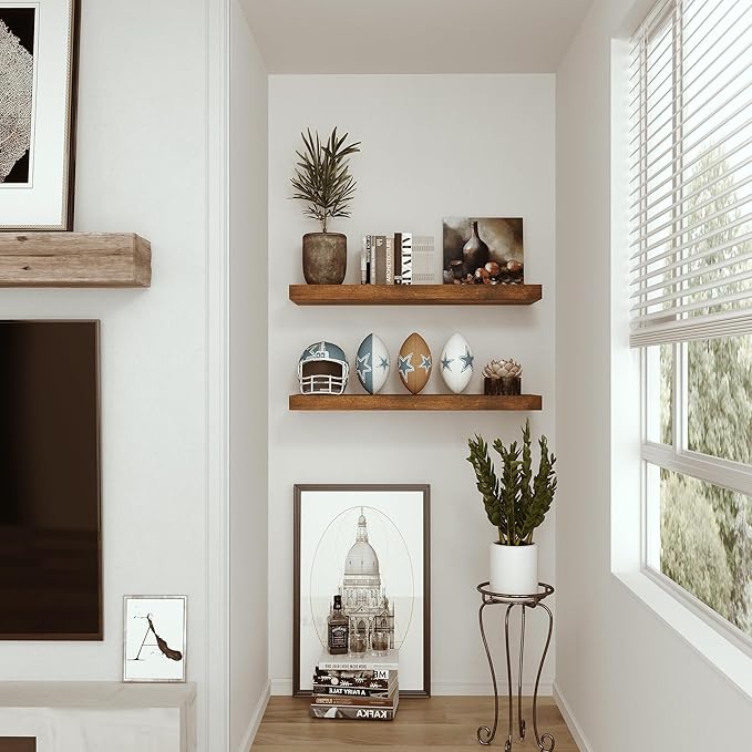 Floating Shelves for Wall 24 inchs Long, 9.1” Deep x 1.5” Thick Wall Shelves for Bedroom, Living Room, Bathroom，Kitchen, Office, Rustic Farmhouse Shelf Decor with Invisible Bracket, Set of 2-Ruum Studio Home