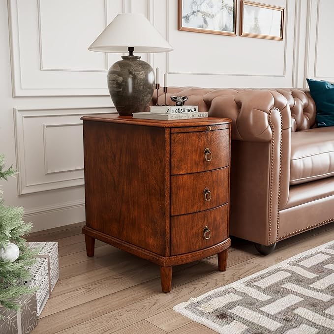 PADMA HOUSE Solid Wood End Table with 3 Drawers, Fully Assembled Nightstand with Sliding Shelf, Pre-Assembled Vintage Wooden Beside Table in Cherry Brown for Small Space,13.4 * 22.4 * 22.6in-Ruum Studio Home