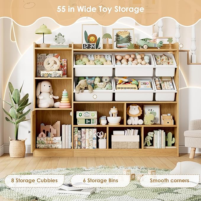 Toy Storage Organizer, 55” Wide Toy Organizers and Storage with 8 Storage Cubbies & 6 Toy Bins, Large Toy Box with Bookshelf, Playroom Storage for Playroom, Oak-Ruum Studio Home