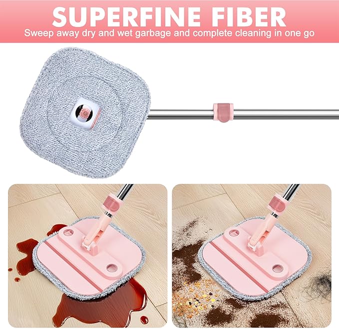 Upgraded Spin Mop and Bucket Self-Standing Mop Bucket Separate Dirty and Clean Water System Self Wringing 360° Rotating & 90° Foldabl Mops and Buckets for Floor Cleaning (Pink, 10Pads)-Ruum Studio Home