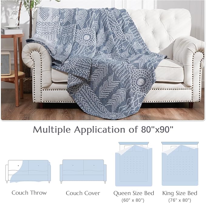 jinchan Boho 100% Cotton Muslin Blanket 3-Layer Queen Size 80x90 Inches Geometric Blue Lightweight Reversible Soft Cozy Comfy Throw for Couch Sofa Bed Coverlet Quilt Large Blanket Bedroom All Seasons-Ruum Studio Home