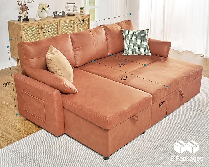 VanAcc Sleeper Sofa, Sofa Bed- 2 in 1 Pull Out Couch Bed with Storage Chaise, Sofa Sleeper Couch for Living Room, Brown Leathaire-Ruum Studio Home