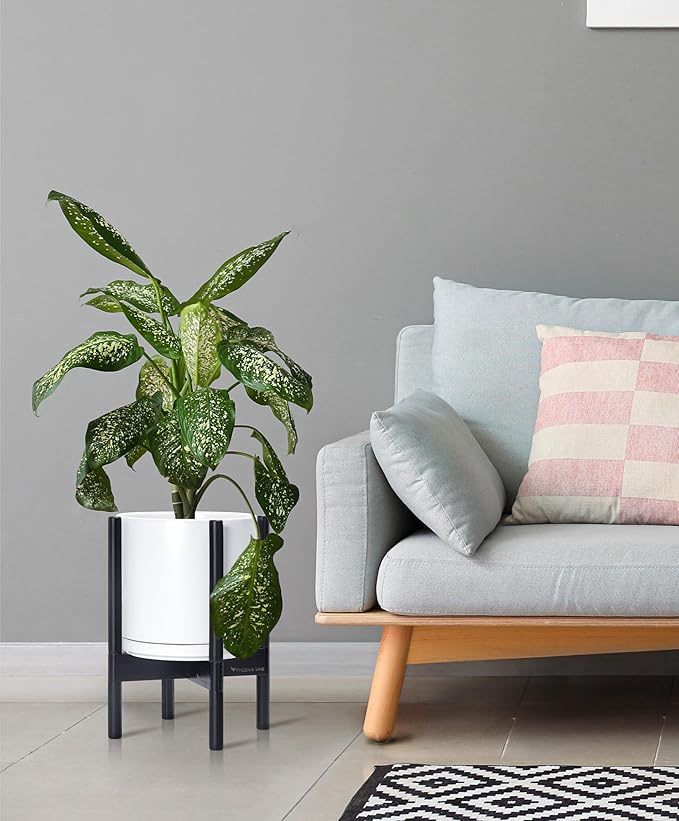 D'vine Dev Ceramic Planter with Ebony Stand - 10 Inch Modern Round Flower Pot with Wood Planter Holder, White, 55-B-L-1-Ruum Studio Home