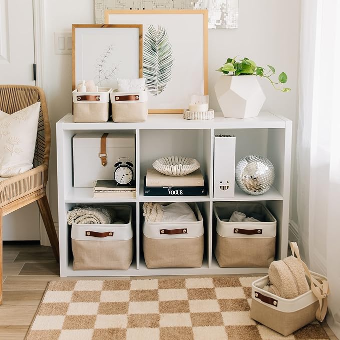 OrganiHaus Large Fabric Storage Baskets for Shelves 3 Pack, 15x11in Closet Storage Bins for Shelves, Cloth Baskets for Organizing, Linen Closet Organizers, Fabric Basket, Beige/White-Ruum Studio Home