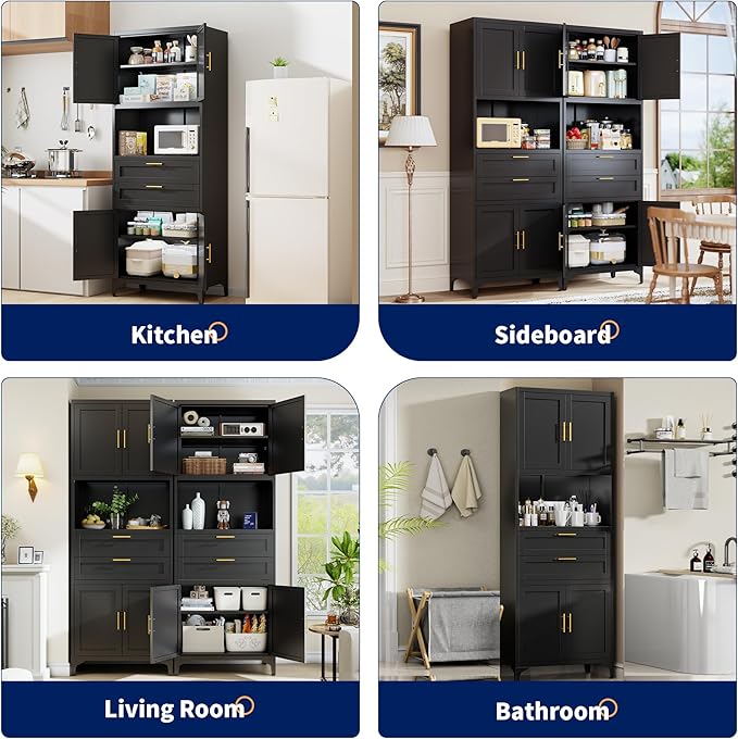 75” Tall Kitchen Pantry Storage Cabinet, Metal Storage Cabinet with 2 Drawers and Adjustable Shelves, Kitchen Pantry Cupboard, Freestanding Cupboard for Bathroom, Living Room(Black)-Ruum Studio Home