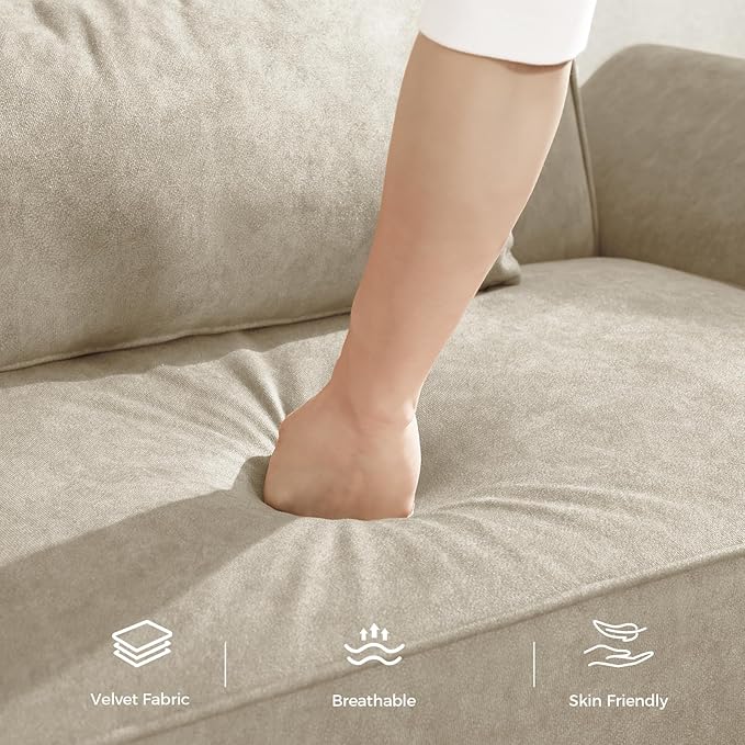 89” Futon Sofa Bed, Velvet Fabric Comfy Futon Couch Bed with 2 Square Pillows, Convertible Sleeper Sofa with Adjustable Backrest& Armrests, Modern Loveseat Sleeper for Living Room, Beige-Ruum Studio Home