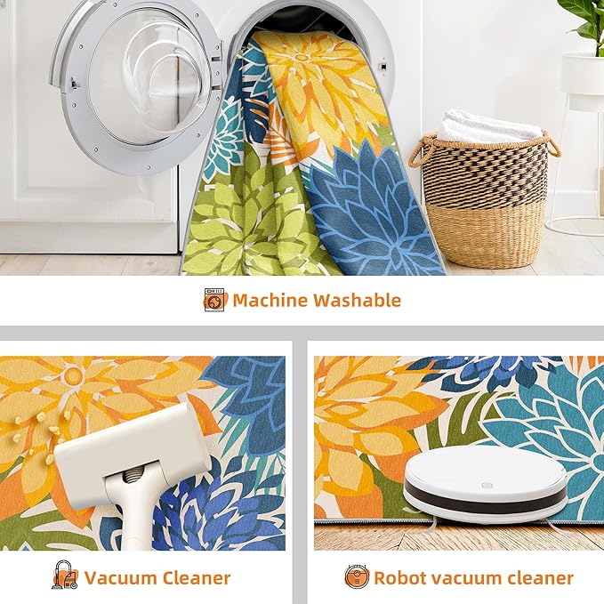 Indoor Outdoor Area Rug Washable Multicolored Patio Rug Tropical Botanical Modern Floral Indoor Outdoor Carpet Non Slip Yellow Green Rug Non Shedding for Patio, Deck, Backyard, Porch (5x8)-Ruum Studio Home