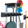 Combo 5 Slot Broom Holder w/ 1 Self Adhesive Mop Gripper No-Drilling, Wall Mount Tool Organizers For Kitchen, Garage, Laundry Room- Anti-Slip Hanger For Brooms, Mops, Rakes, Dustpans (Black / Black)-Ruum Studio Home