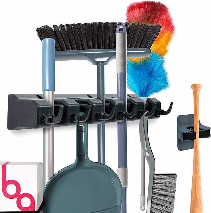 Combo 5 Slot Broom Holder w/ 1 Self Adhesive Mop Gripper No-Drilling, Wall Mount Tool Organizers For Kitchen, Garage, Laundry Room- Anti-Slip Hanger For Brooms, Mops, Rakes, Dustpans (Black / Black)-Ruum Studio Home
