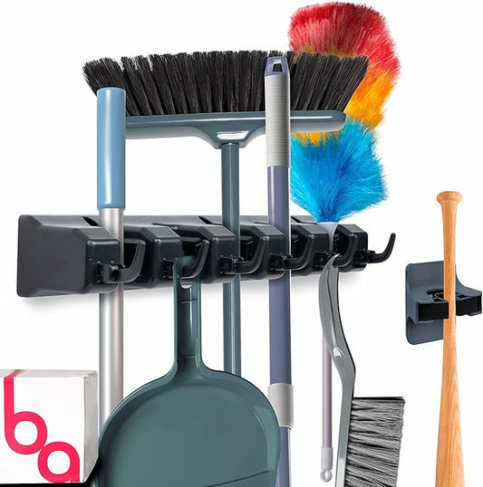 Combo 5 Slot Broom Holder w/ 1 Self Adhesive Mop Gripper No-Drilling, Wall Mount Tool Organizers For Kitchen, Garage, Laundry Room- Anti-Slip Hanger For Brooms, Mops, Rakes, Dustpans (Black / Black)-Ruum Studio Home