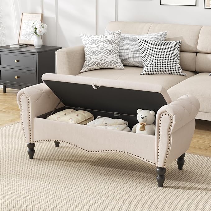 Furniliving Storage Ottoman Bench for Bedroom, Upholstered End of Bed Bench with Solid Wood Legs Modern Shoe Storage Bench Indoor Bench for Living Room Entryway Bench Furniture,Beige, Linen-Ruum Studio Home