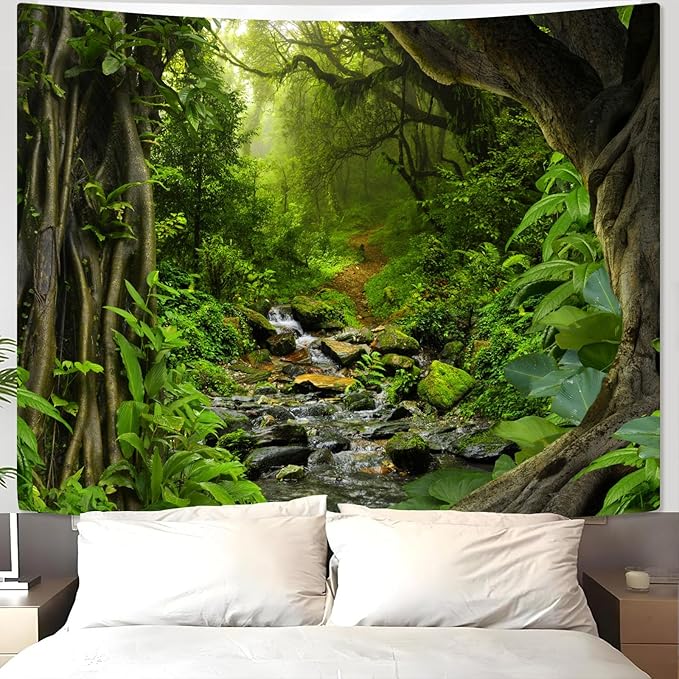 AMM Green Rainforest Tapestry Nature Forest Tapestry for Bedroom Aesthetic Misty Tropical Jungle Trees Flowing Stream Landscape Tapestries Wall Hanging for Living Room Dorm 80 x 60 Inch-Ruum Studio Home