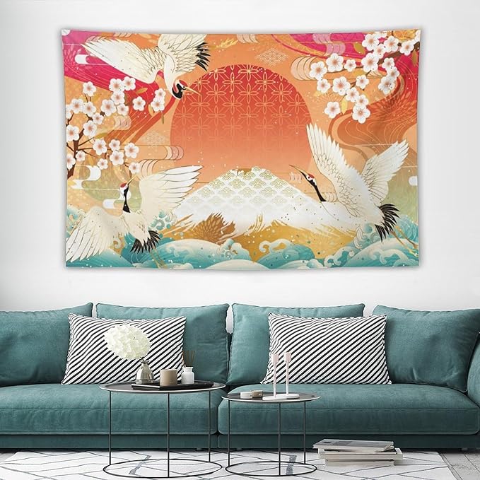 HZOHNAGO Japanese Tapestry Cherry Blossom Crane Sea Wave Fuji Mountain Red Sun Pattern Printed Wall Tapestry Painting Wall Hanging for Bedroom Living Room Dorm 60" W x 40" H-Ruum Studio Home