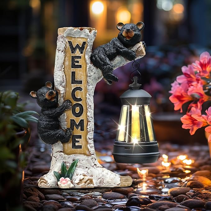 Json Garden Bear Statue with Solar LED Lantern, Gifts for Mom Yard Art, Whimsical Figurine Large Sculpture Lighted Outdoor Mother's Day Spring Decorations for Lawn, Porch-Ruum Studio Home