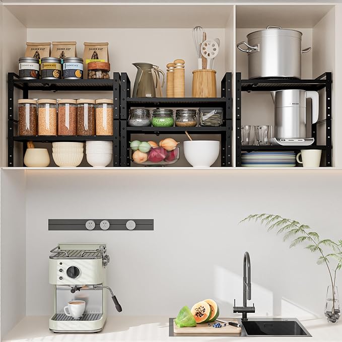 Expandable,Adjustable & Stackable Spice Rack, Cabinet Kitchen Countertop Shelf Organizer,Metal Pantry Storage Shelves - Space-Saving Storage Solution(2Packs/Black/Medium)-Ruum Studio Home