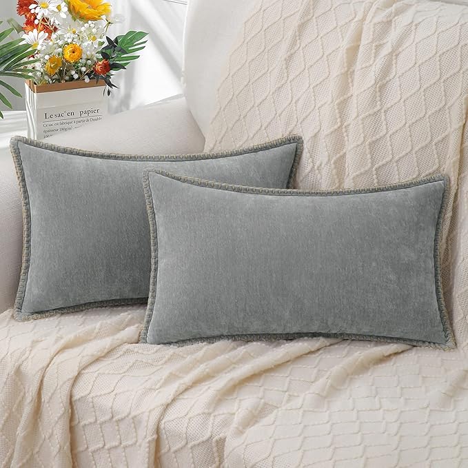 decorUhome Chenille Soft Throw Pillow Covers 12x20 Set of 2, Lumbar Velvet Farmhouse Neutral Decorative Euro Pillow Covers with Stitched Edge for Couch Sofa Bed Home Decor, Neutral Gray-Ruum Studio Home