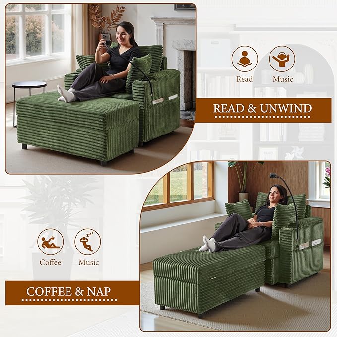 Accent Chair with Storage Ottoman Upholstered Living Room Chairs for Reading Chair with Chaise Lounge Chairs Indoor, Comfortable Armchair for Bedroom-Ruum Studio Home