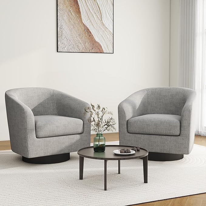 Swivel Barrel Accent Chair Set of 2, Modern Round Linen Arm Chair for Living Room, Bedroom, Comfy Club Reading Chairs for Adults-Linen Fabric Light Grey-Ruum Studio Home