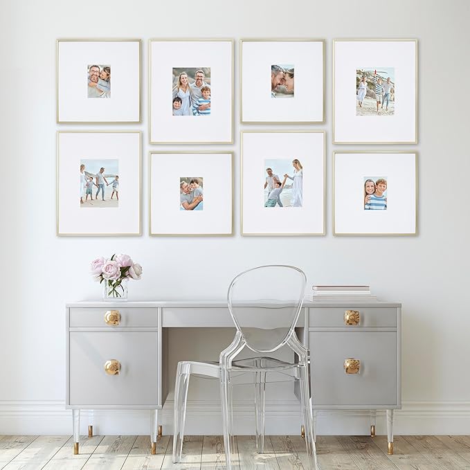 Camden Reed Arcadia 8 Piece Oversized Gallery Wall Frame, 16x20 and 16x16 Inch Matted Frames for Featuring 8x10 and 5x7 Inch Photographs or Art Prints, Gold Finish-Ruum Studio Home