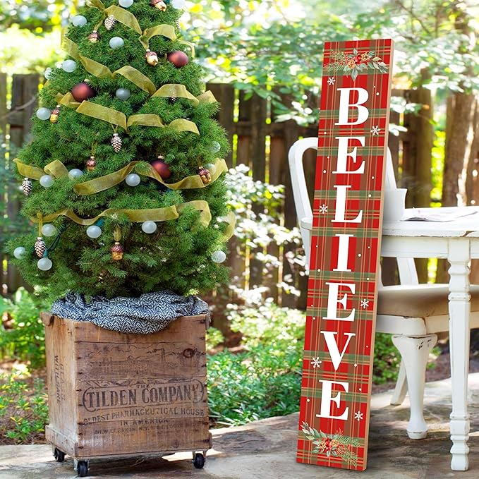 Winter Believe Porch Board Welcome Sign for Front Buffalo Plaid Door Porch Deck Patio or Wall - Indoor Outdoor Decorative Farmhouse Rustic Vertical Porch and Yard Decor - 47.2"H-Ruum Studio Home