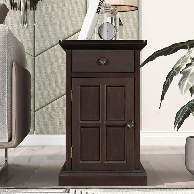 Traditional Wood End Table with Charging Station, Modern Vintage Sofa Chair Side Table Nightstand with Storage & Drawer for Living Room Bedroom, No Assembly, Antique Espresso-Ruum Studio Home