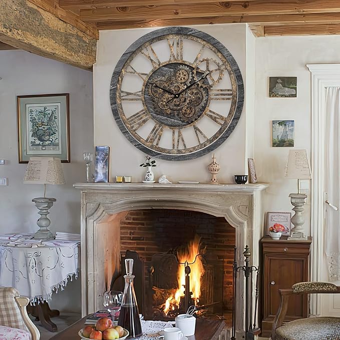 HOIBAI Wall Clock, 24 Inch Moving Gears Clock Large Wall Clock for Living Room Decor Rustic Vintage Industrial Steampunk Farmhouse Big Clock for Home Kitchen Bedroom Office-Ruum Studio Home